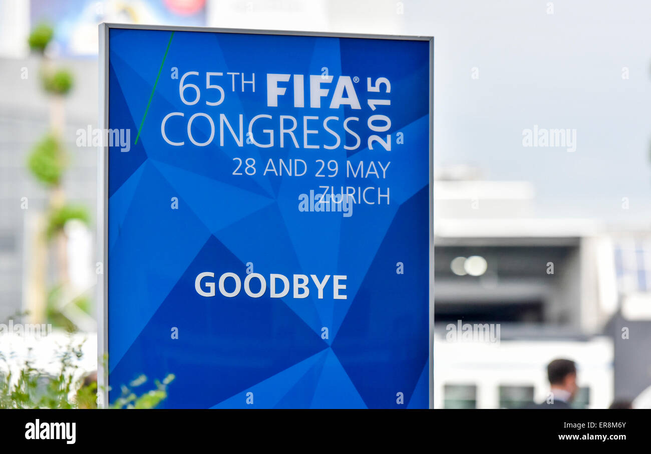 Zurich, Switzerland. 29th May, 2015. Quo vadis FIFA ? Goodbye sign outside Zurich Hallenstadion where participants of the FIFA annual congress have to decide about the organisation's future. Credit:  thamerpic/Alamy Live News Stock Photo