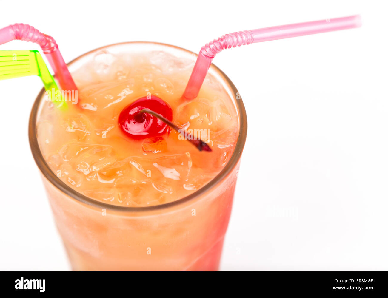close up freshness cocktail with ice in glass with drinking straw Stock Photo