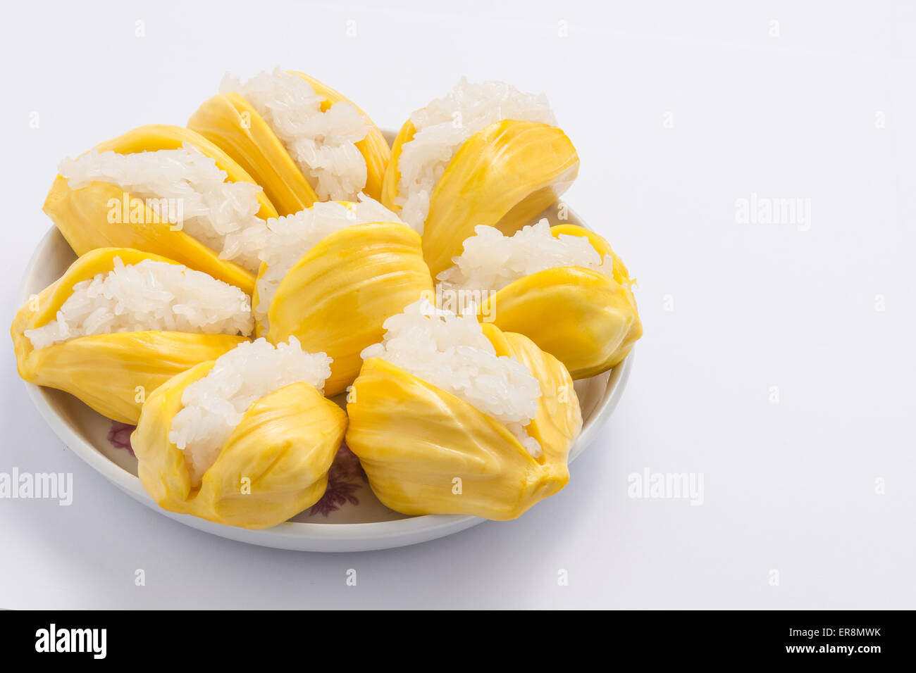 Thailand dessert, sticky rice with jackfruit The plate on a white