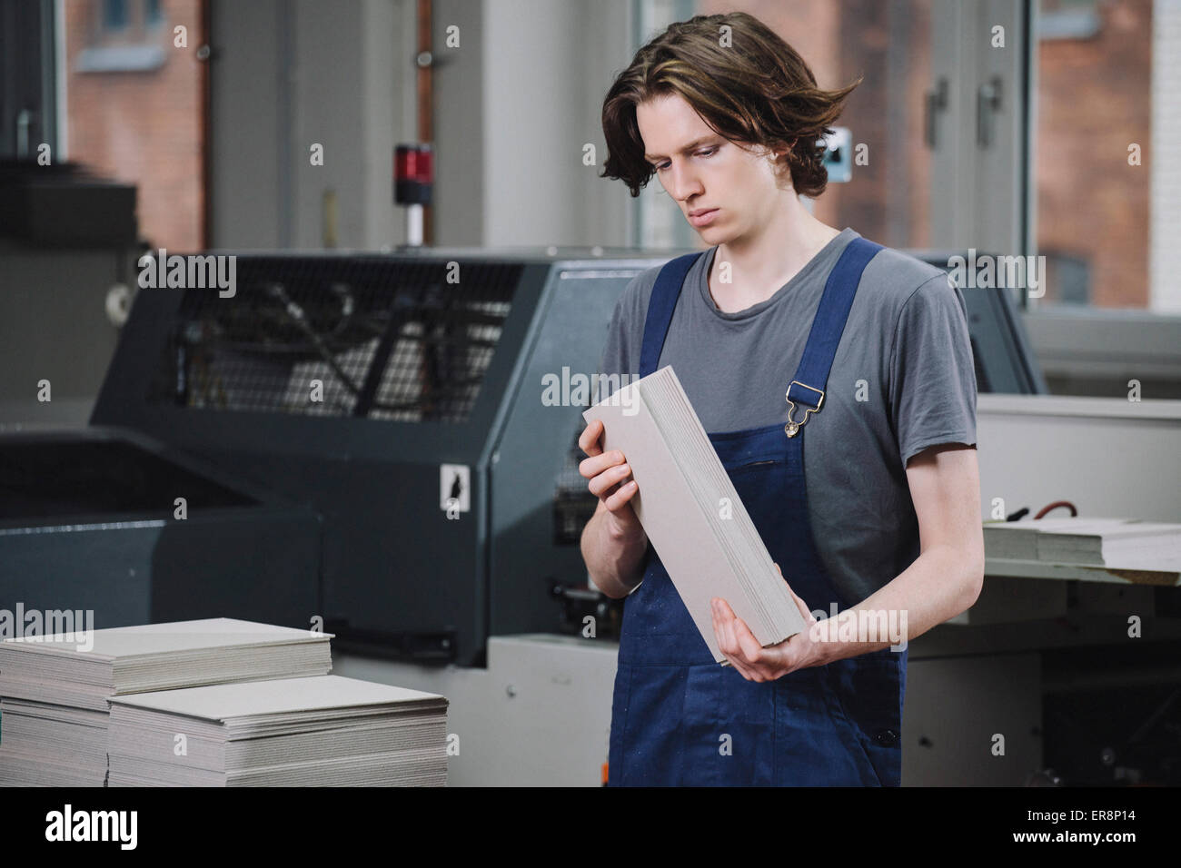 Young manual worker examining cardboard sheets in factory Stock Photo