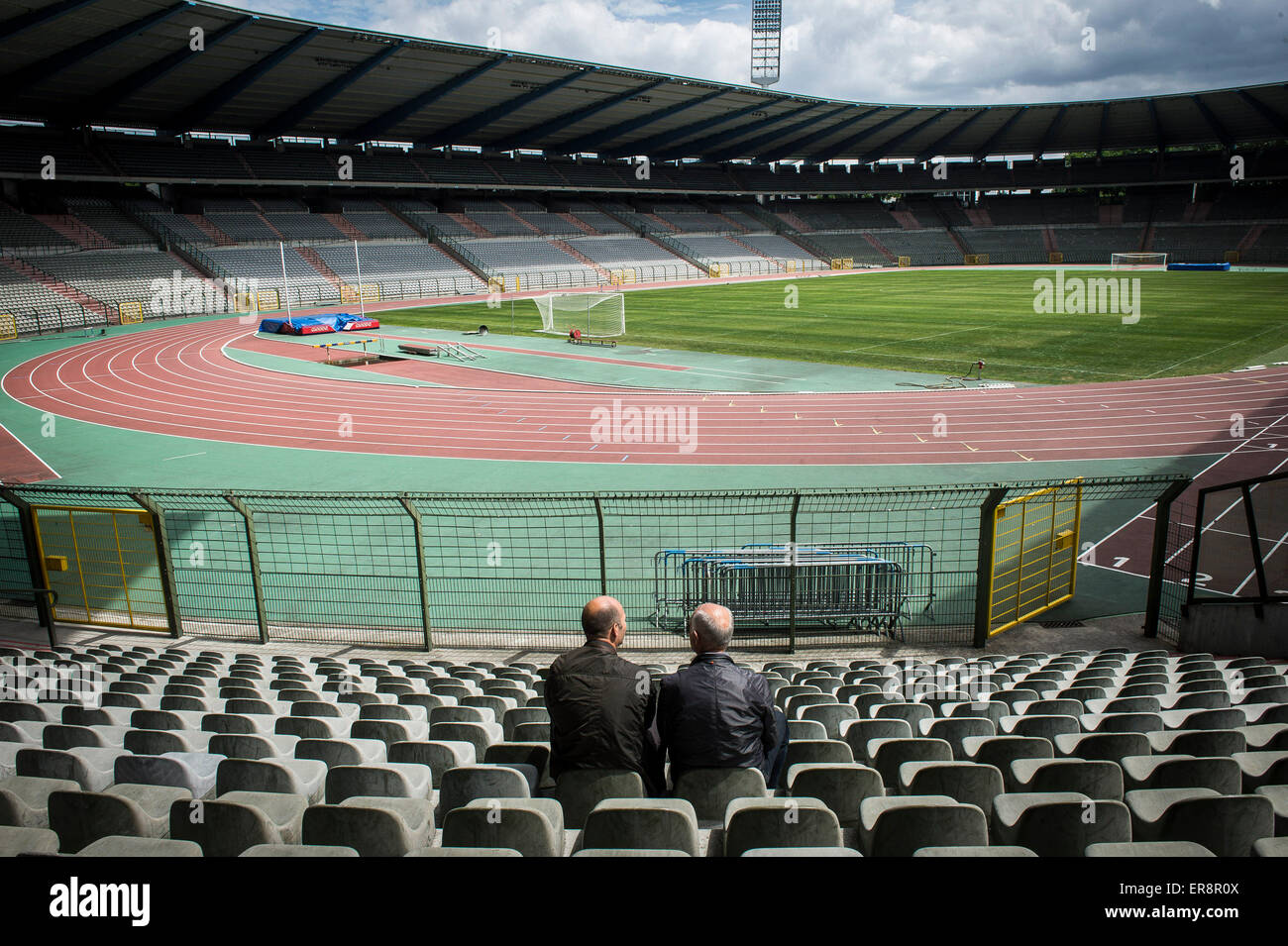 Visitors pay the tribute at the day of the 30th anniversary of the tragedy at the Heysel stadium, renamed King Baudouin Stadium in Brussels, Belgium on 29.05.2015 The Heysel disaster occurred before the start of the 1985 European Cup final Liverpool - Juventus when a wall collapsed under the pressure of escaping fans as result of riots before the start. 39 people died and 600 were injured. by Wiktor Dabkowski Stock Photo