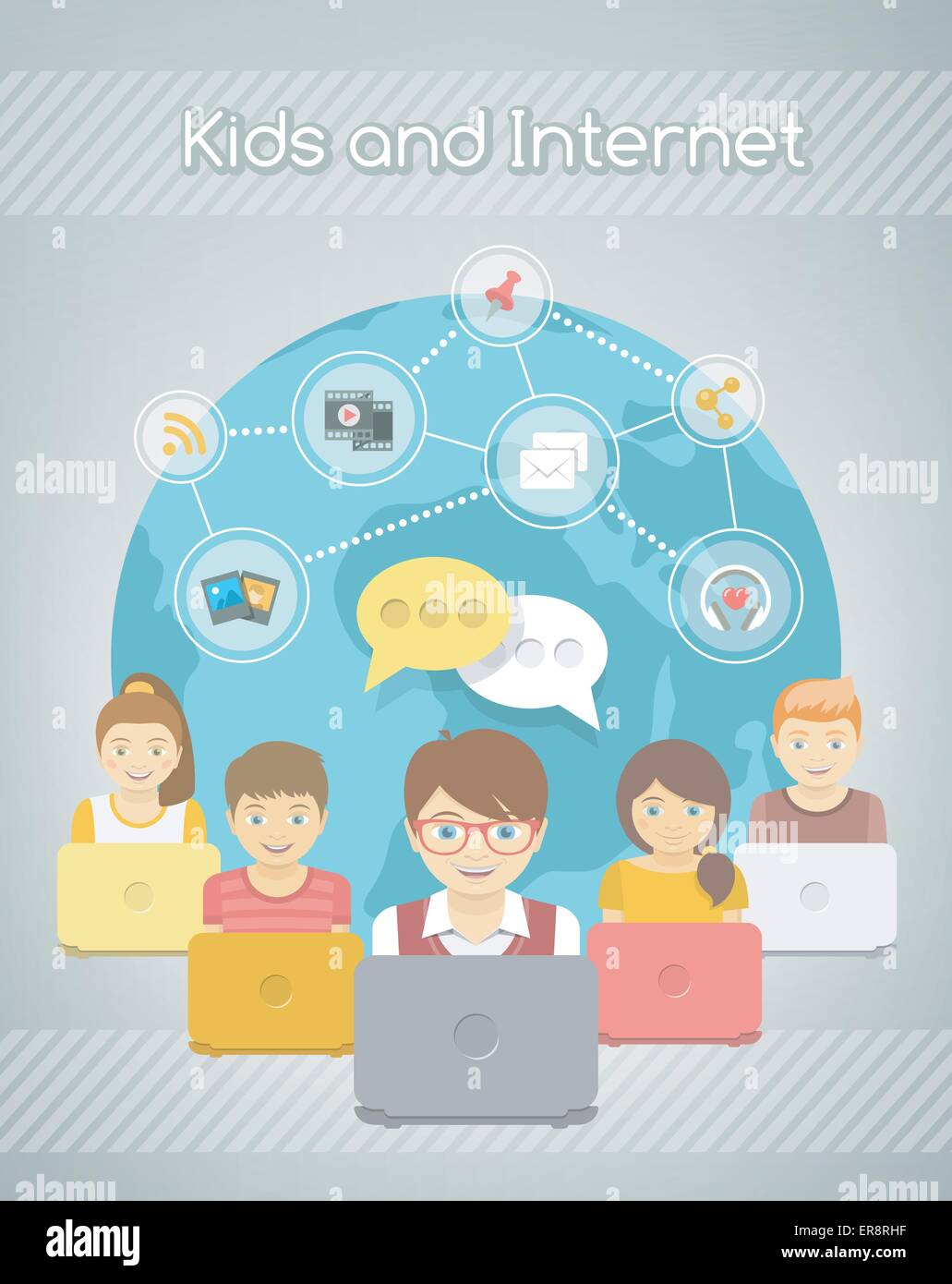 Kids Social Networking on the of Group with Computers Stock