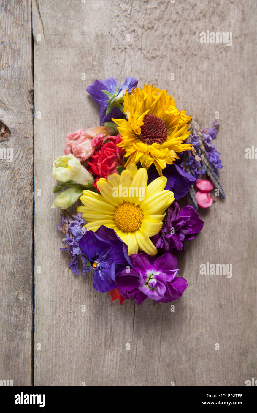 Directly above shot of various flowers on wooden table Stock Photo