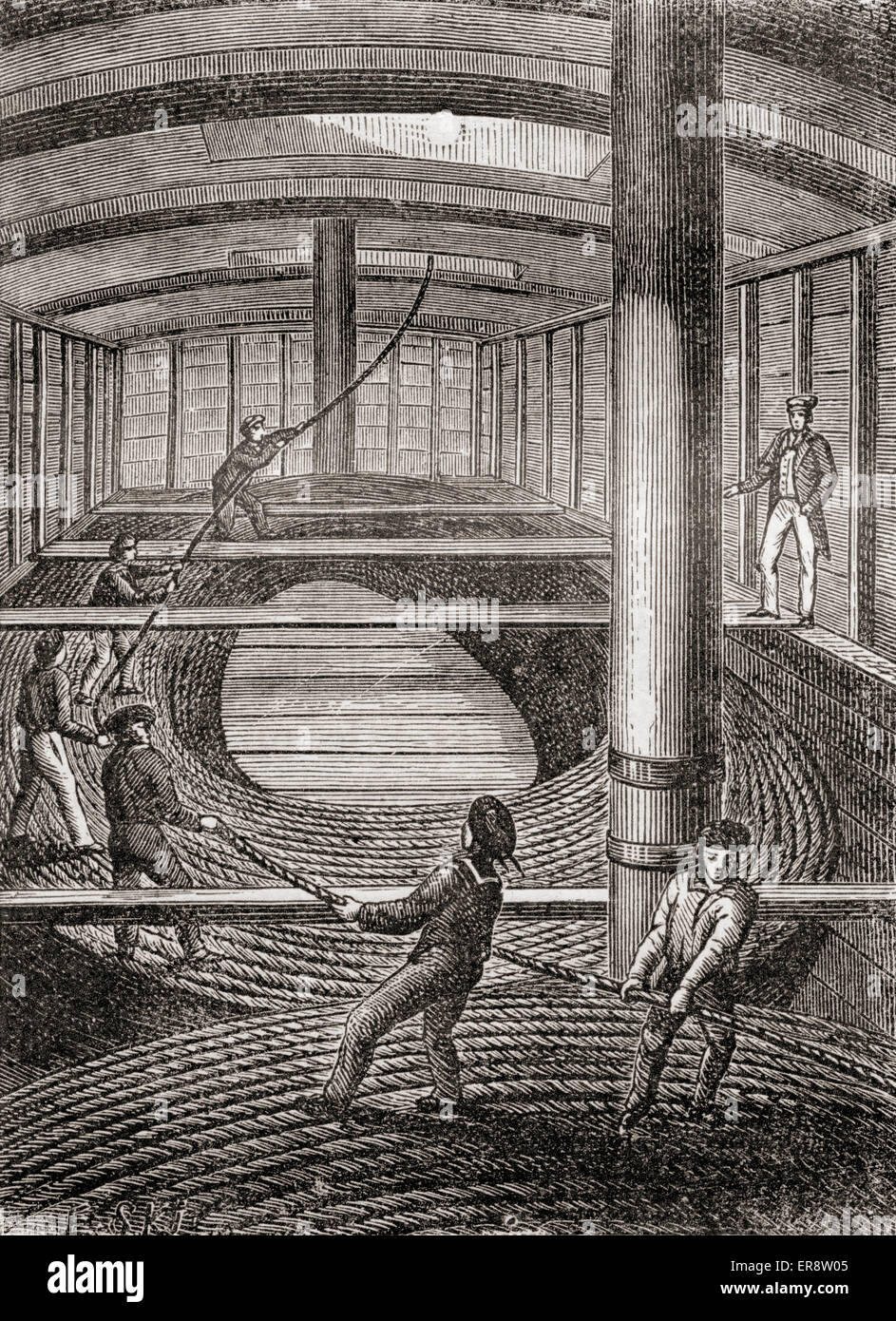 Winding the Dover to Calais submarine cable in the hold of the Blazer, 1851. Stock Photo