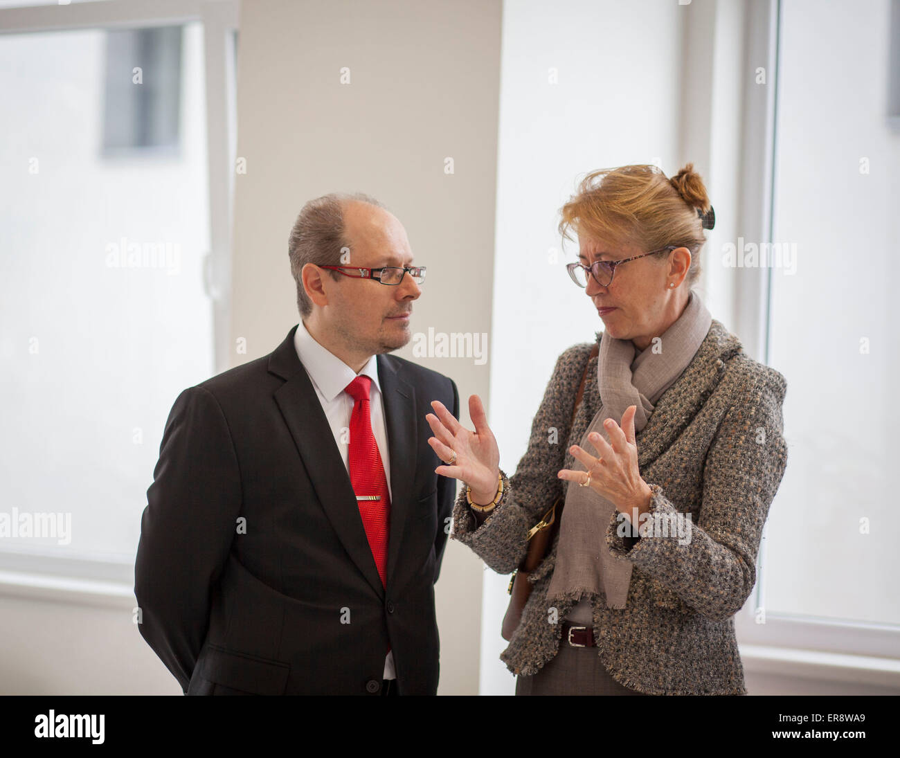 Norwegian ambassador Siri Ellen Sletner (right) talks with investor deputy  Jaromir Gregr during the opening of new premises of psychiatric clinic,  co-financed by Norway, in Pisek, Czech Republic, May 29, 2015. (CTK