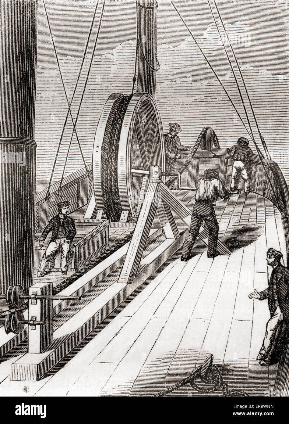 Unwinding the Dover to Calais submarine cable aboard the Blazer, 25 December 1851. Stock Photo