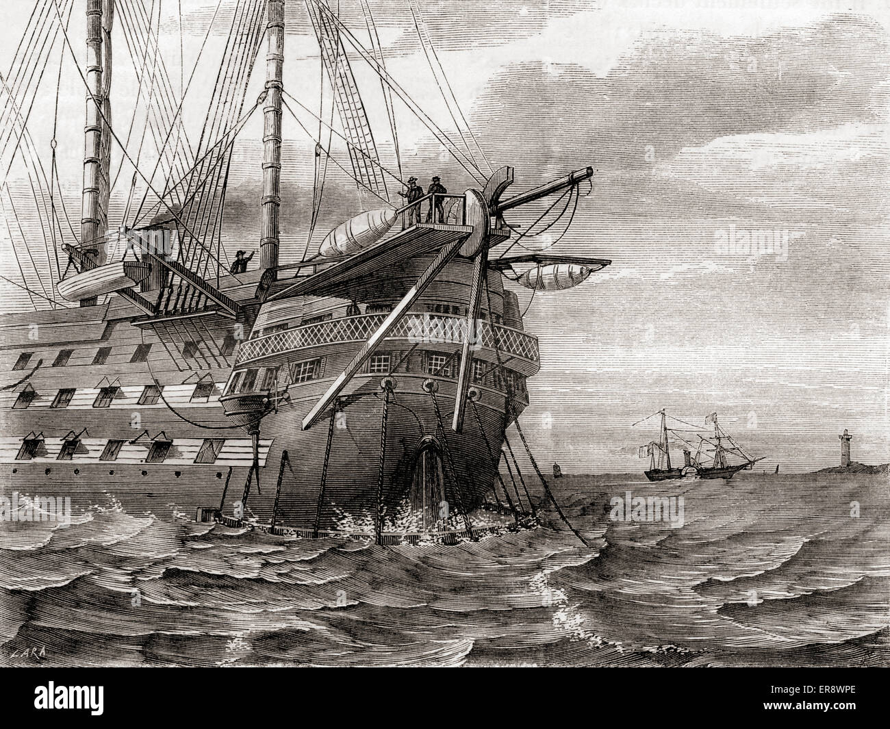 The HMS Agamemnon laying the transatlantic telegraph cable, 2 August, 1858. Stock Photo