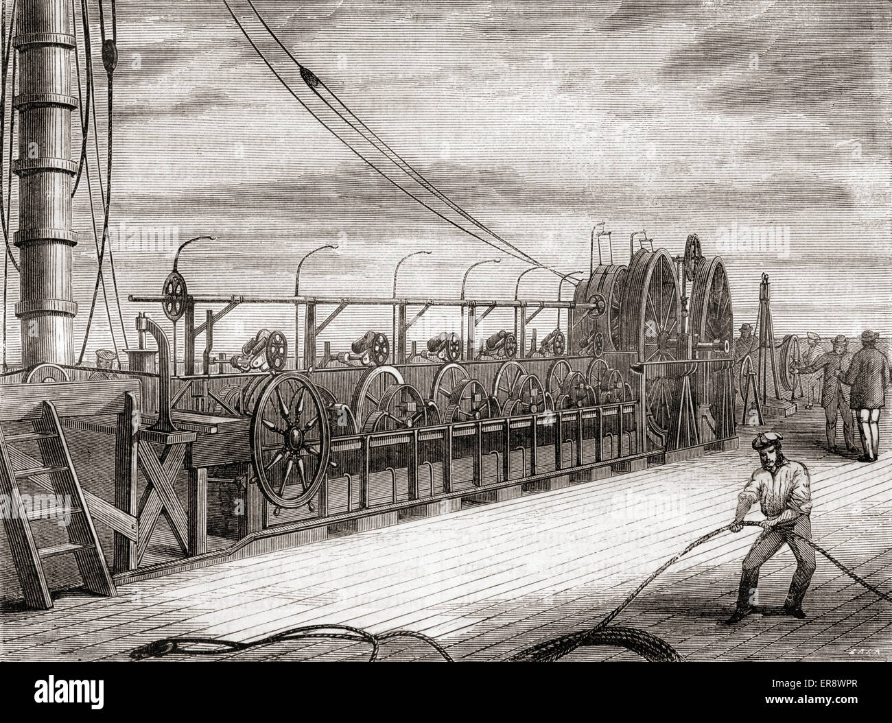 The transatlantic telegraph cable unwinding unit aboard the S.S. Great Eastern, 1865. Stock Photo