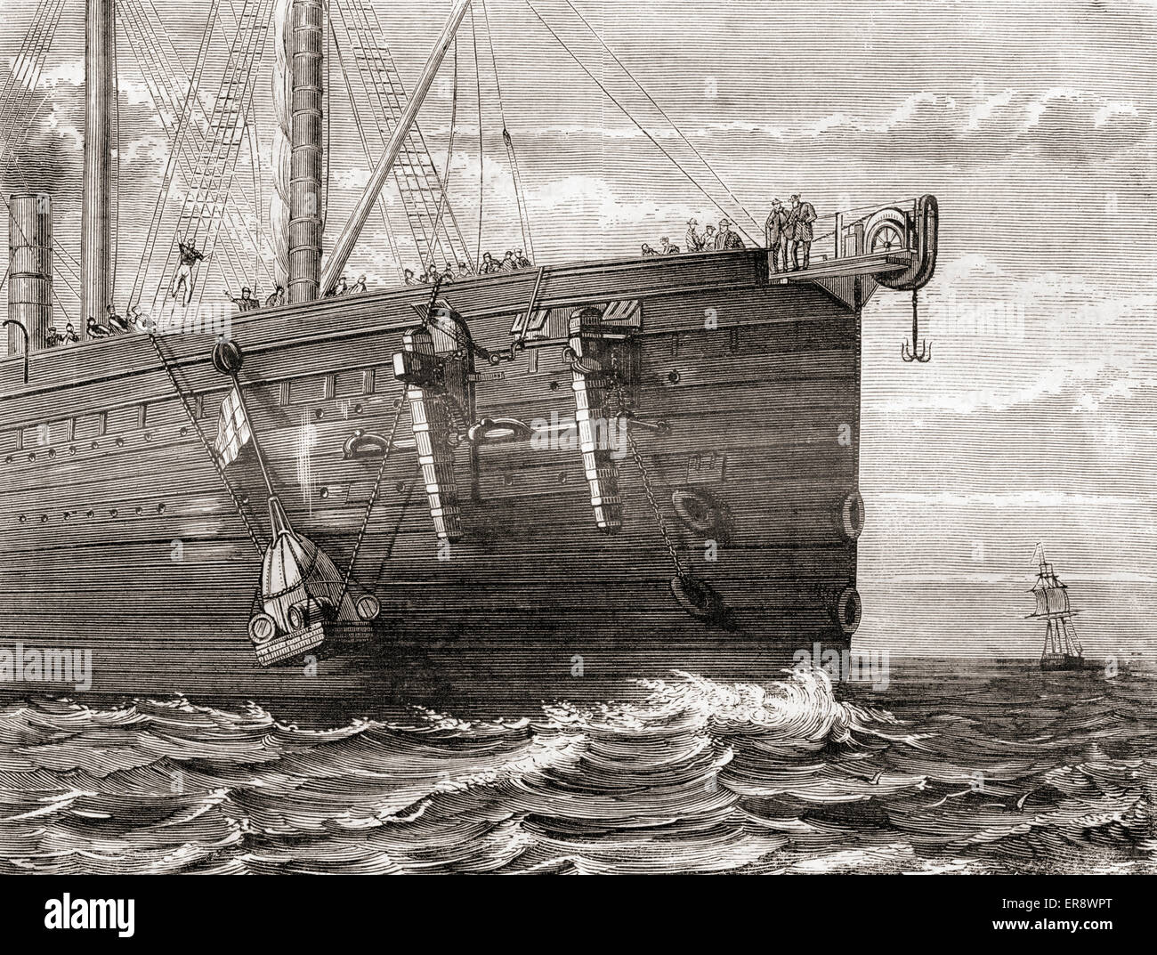 The S.S. Great Eastern launching a buoy into the sea to mark the spot of a lost transatlantic telegraph cable, 1865. Stock Photo