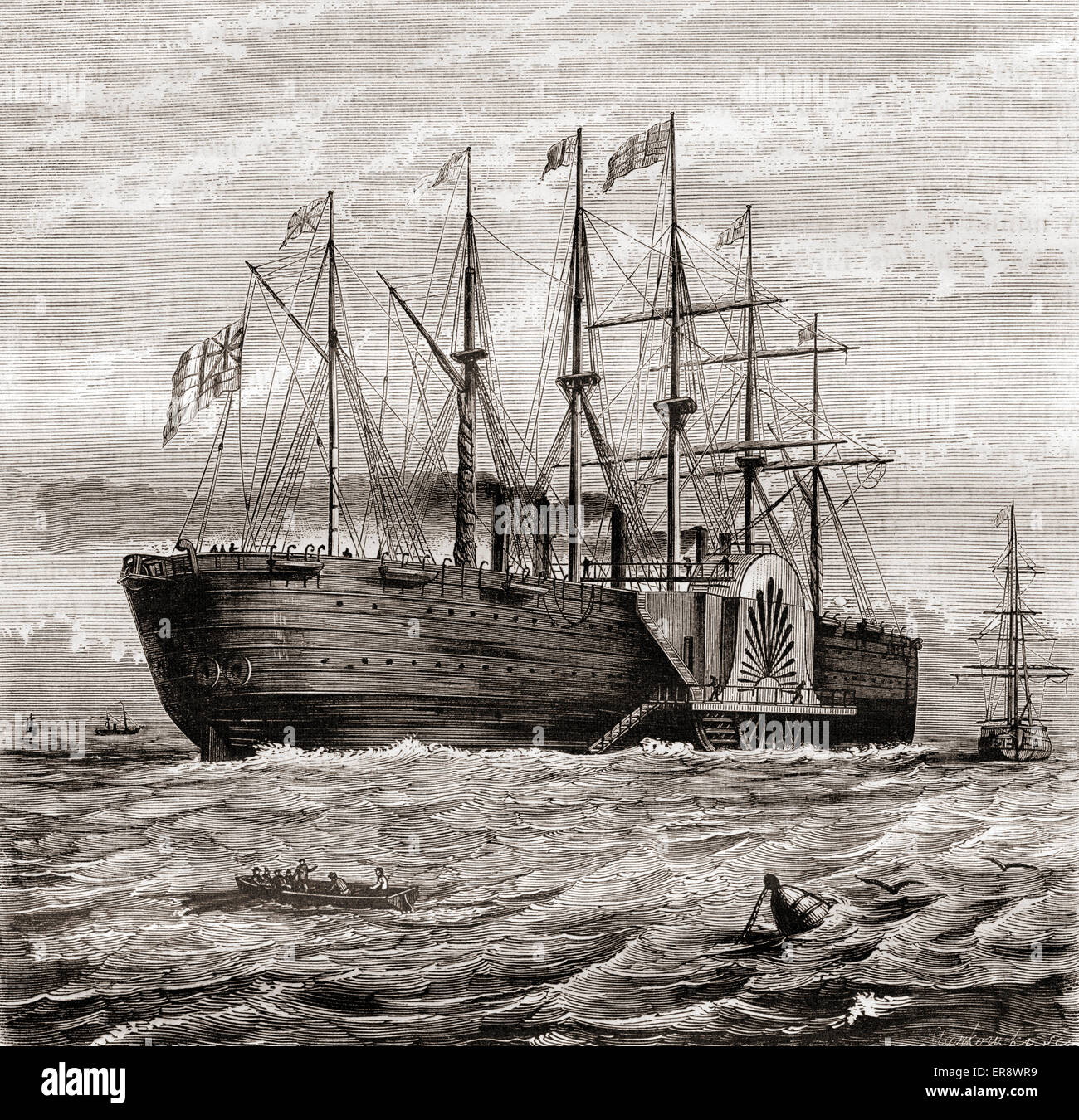 SS Great Eastern.  Iron sailing steam ship designed by Isambard Kingdom Brunel.  Later converted to a cable-laying ship and laying the first lasting transatlantic telegraph cable in 1866. Stock Photo