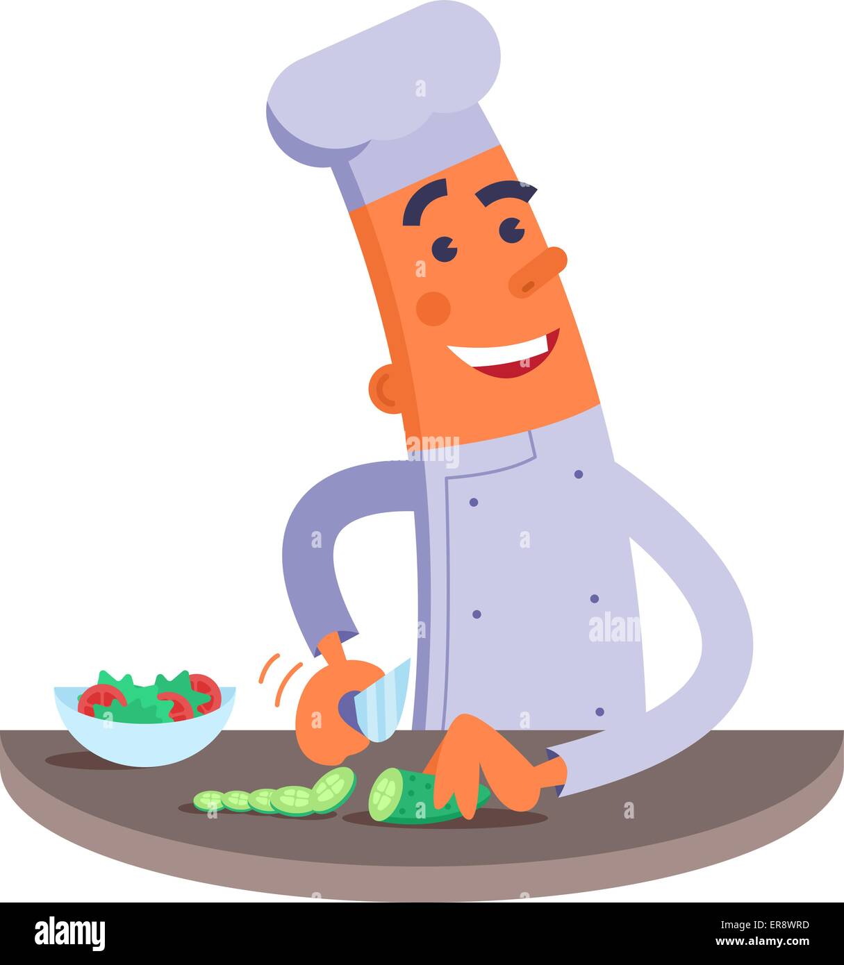 Cartoon chef cuts the vegetables for salad. Stock Vector