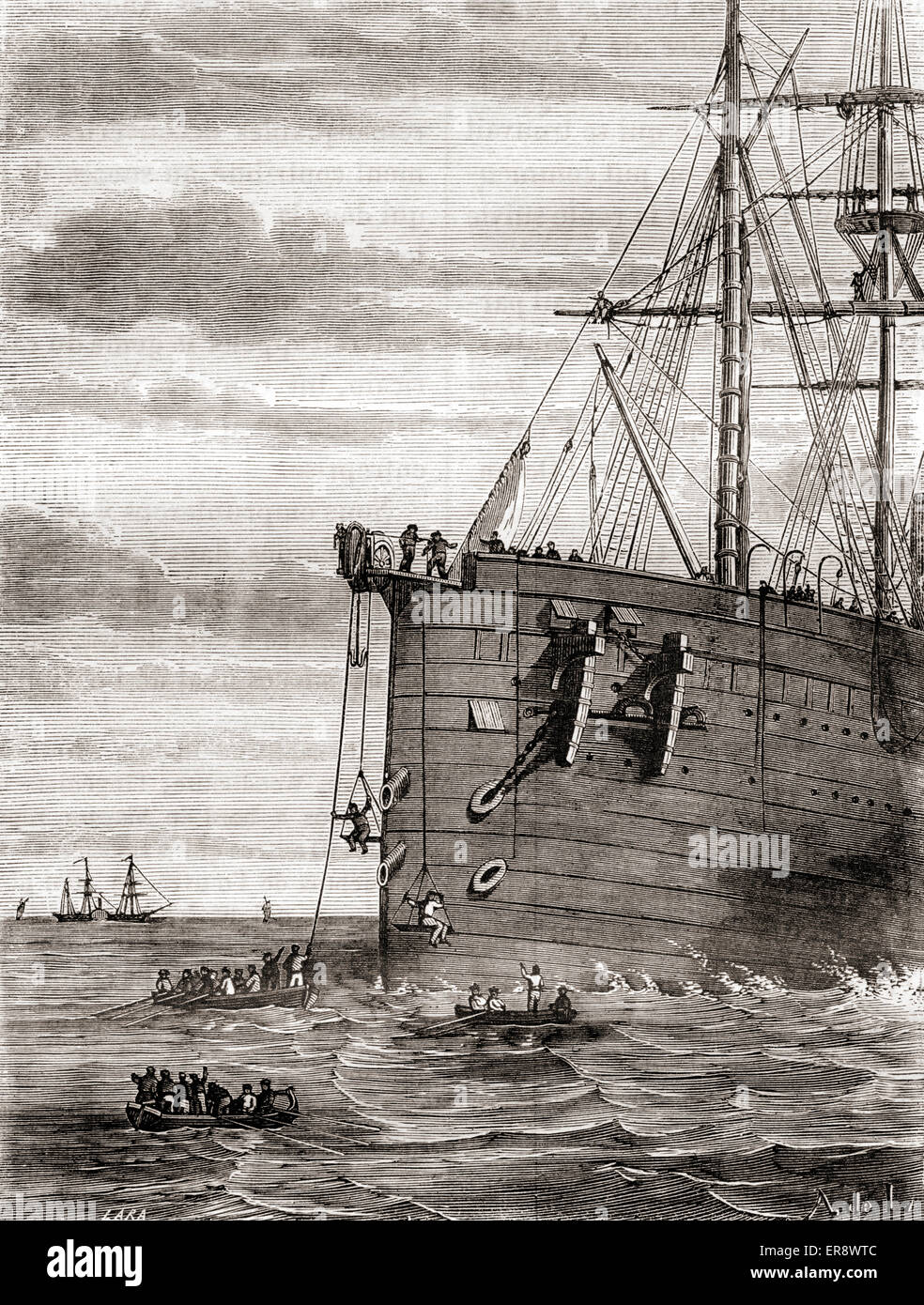 The S.S. Great Eastern raising the previously lost transatlantic telegraph cable in 1865. Stock Photo