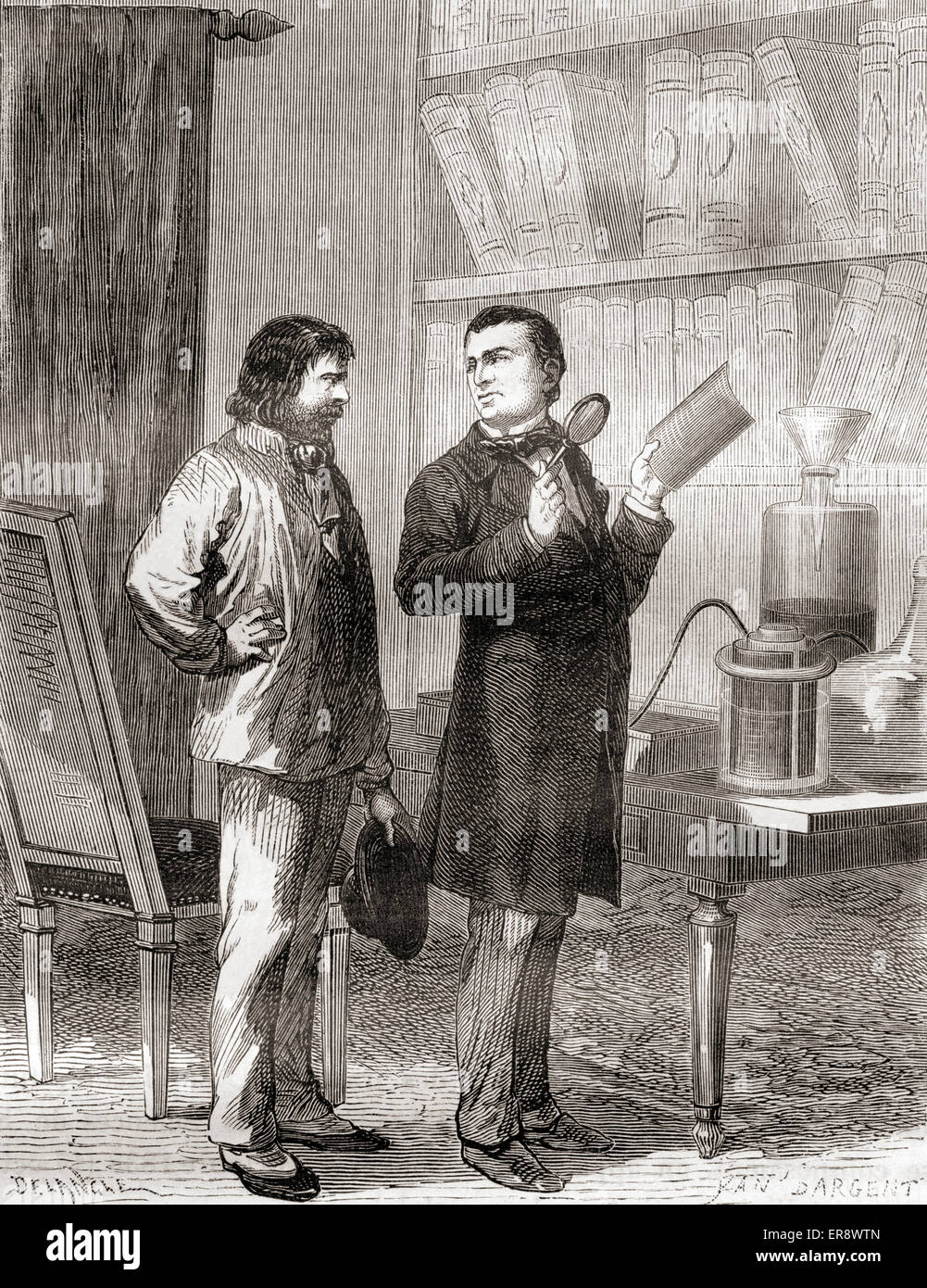 Moritz von Jacobi, on the right, discovering galvanoplastics, or electrotyping in 1838.   Moritz Hermann (Boris Semyonovich) von Jacobi, 1801 – 1874.  German Jewish engineer and physicist. Stock Photo
