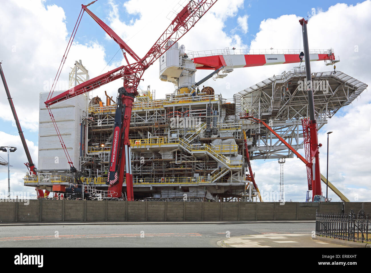 The top section of a new oil production platform nears completion on the dockside in Harlepool, UK. Stock Photo