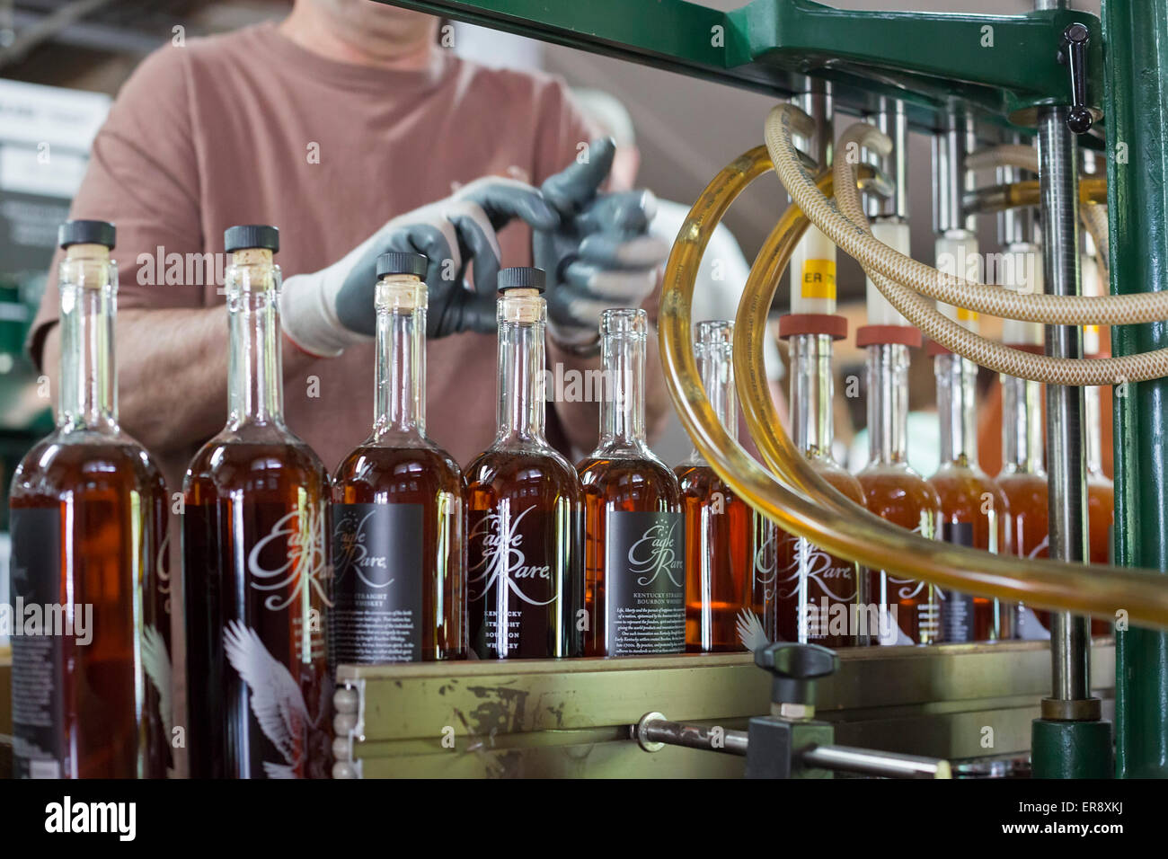 Frankfort, Kentucky - Workers bottle bourbon at the Buffalo Trace Distillery. Stock Photo