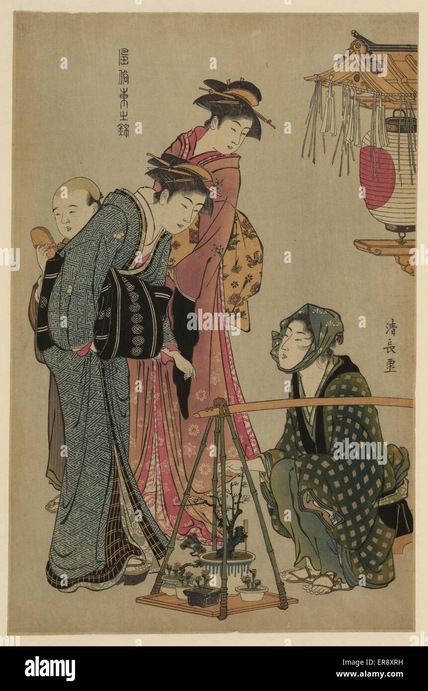 Plant seller. Print shows two women with male servant looking at bonsai trees on the platform of a shoulder pole with the plant seller sitting nearby. Date between 1780 and 1820, printed later. Stock Photo