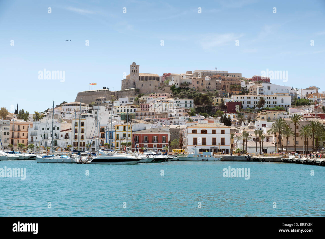Ibiza (Eivissa) town with blue Mediterranean sea city view Stock Photo