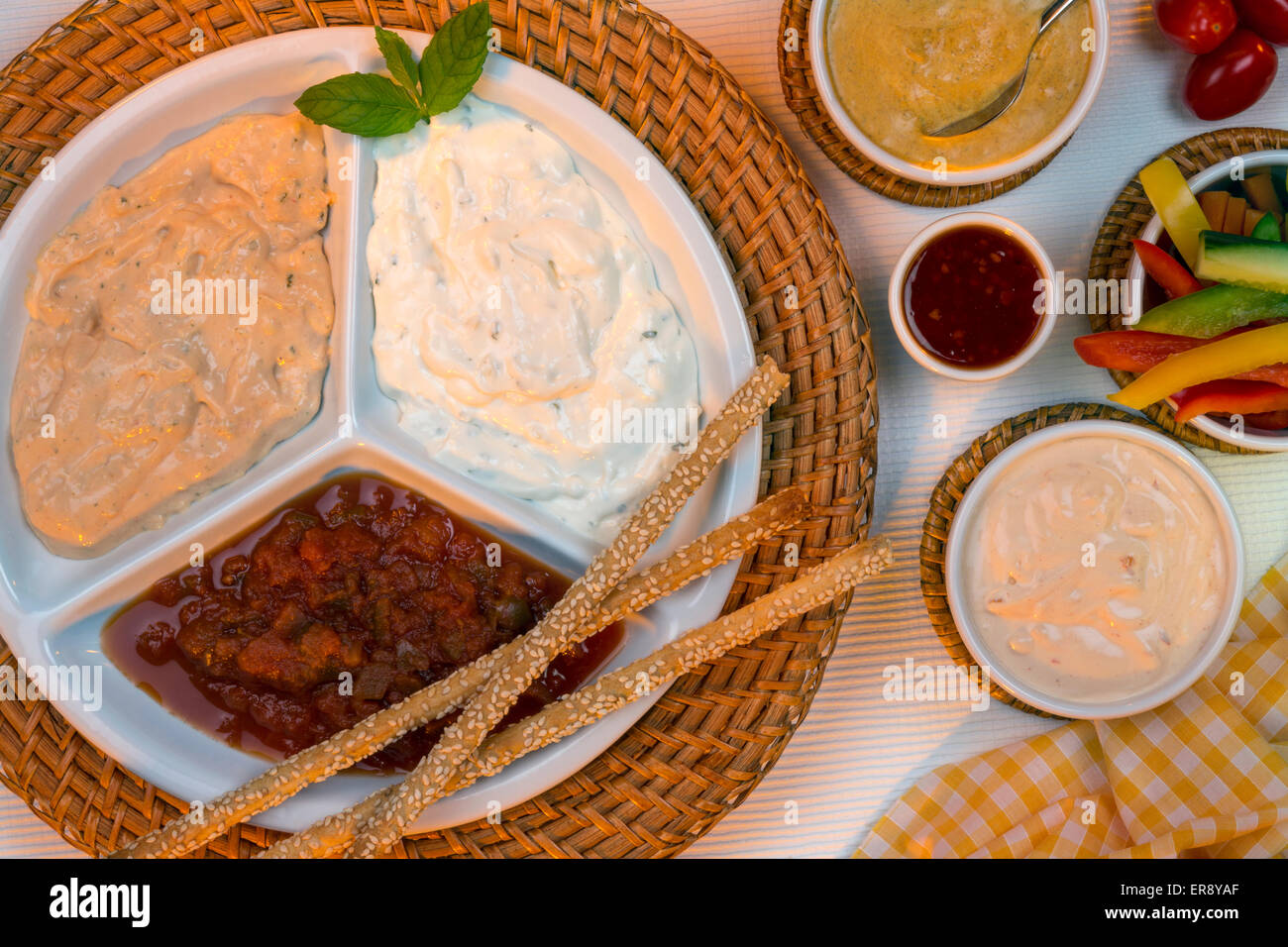 Selection party dips bread sticks hires stock photography and images