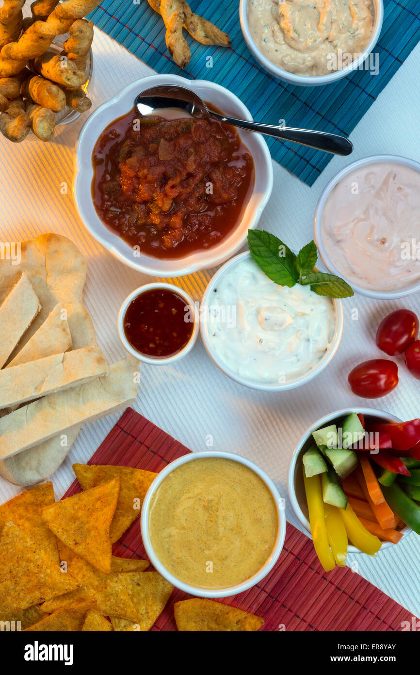 Selection party dips bread sticks hires stock photography and images