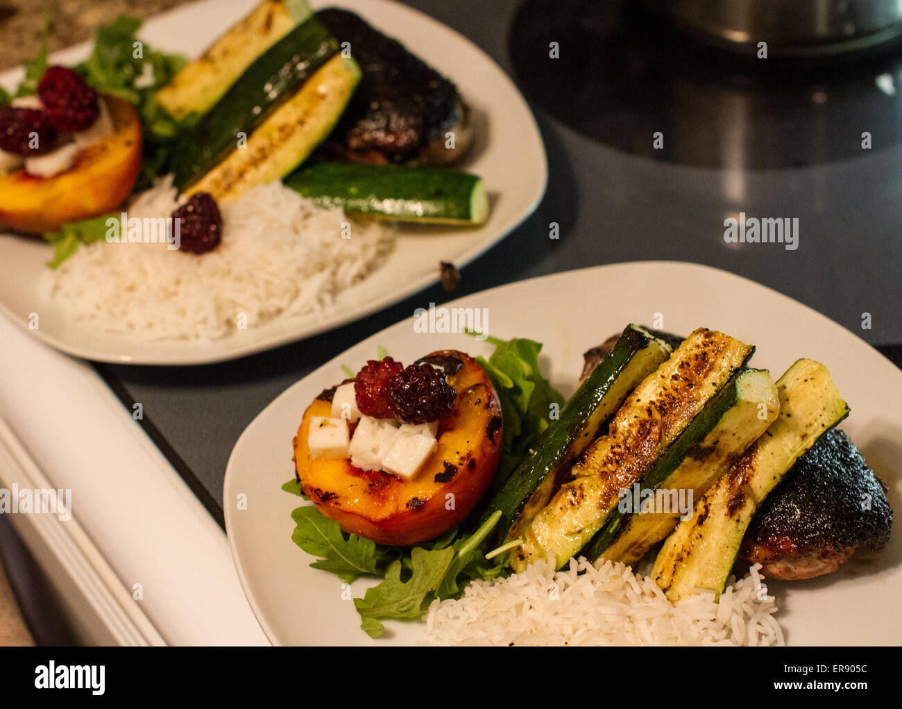 Ready to serve plate on a kitchen counter. Stock Photo