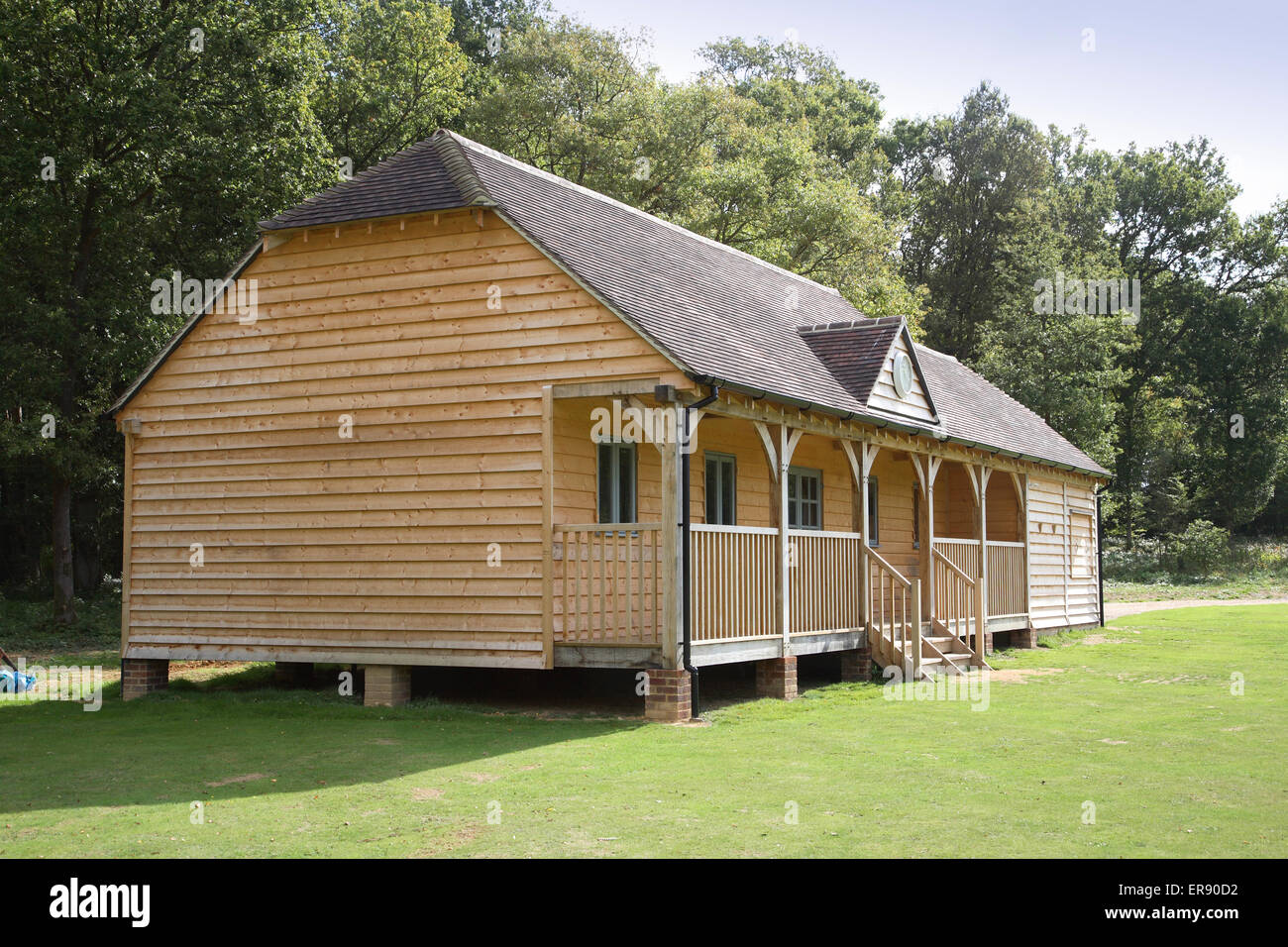 A traditionally built timber English cricket pavilion building at