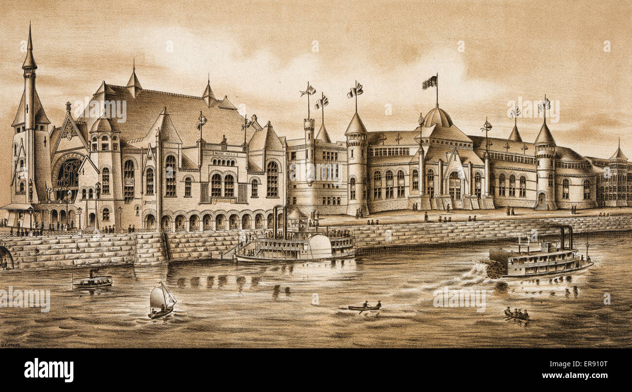 Pittsburgh exposition supplement. Print shows the Pittsburgh Exposition Society buildings Music Hall and possibly Machinery Hall on the waterfront with steamboats and smaller craft on the river. Date c1889 July 8. Stock Photo