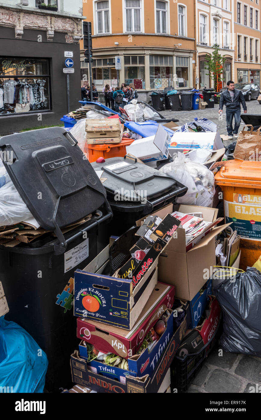 Pile of rubbish bags and garbage containers with household refuse due to strike by waste