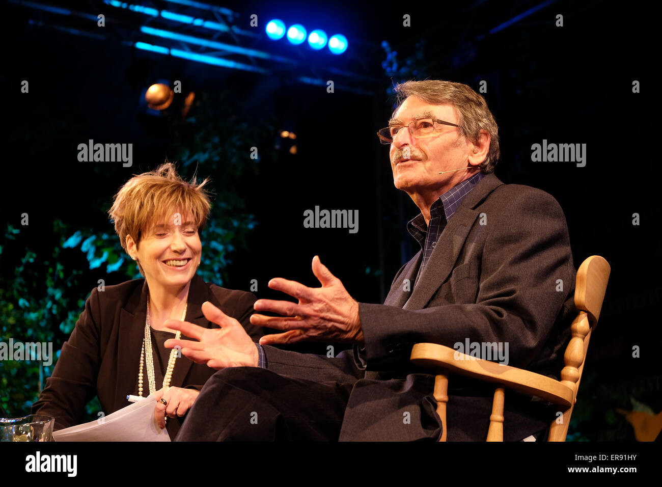 Hay Festival, Powys, Wales -  May 2015  Author David Lodge on stage being interviewed by Georgina Godwin talking about his latest book Quiet A Good Time To Be Born about his early life. Stock Photo