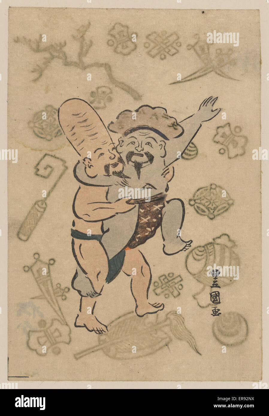 Sumo match between Daikoku and Fukurokuju Stock Photo
