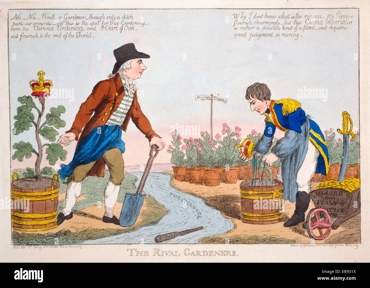 The rival gardeners. King George III of England and Napoleon I tend to their respective plants on opposite sides of a stream labeled The Channel. A cudgel marked British Oak floats down it. Napoleon bends over his drooping potted plant, surmounted by a cr Stock Photo