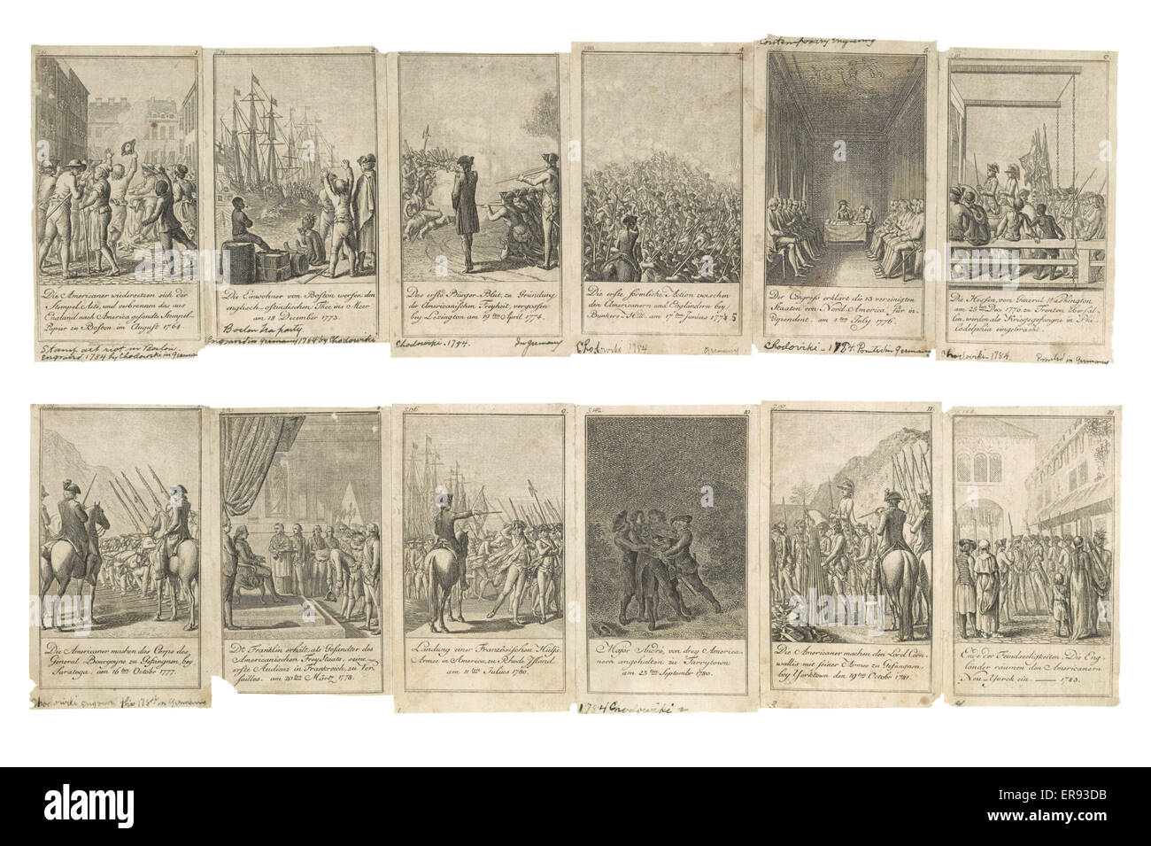 Scenes from events and battles leading up to and during the American Revolution, 1775-1783, as depicted in 12 illustrations. Date 1784. Stock Photo
