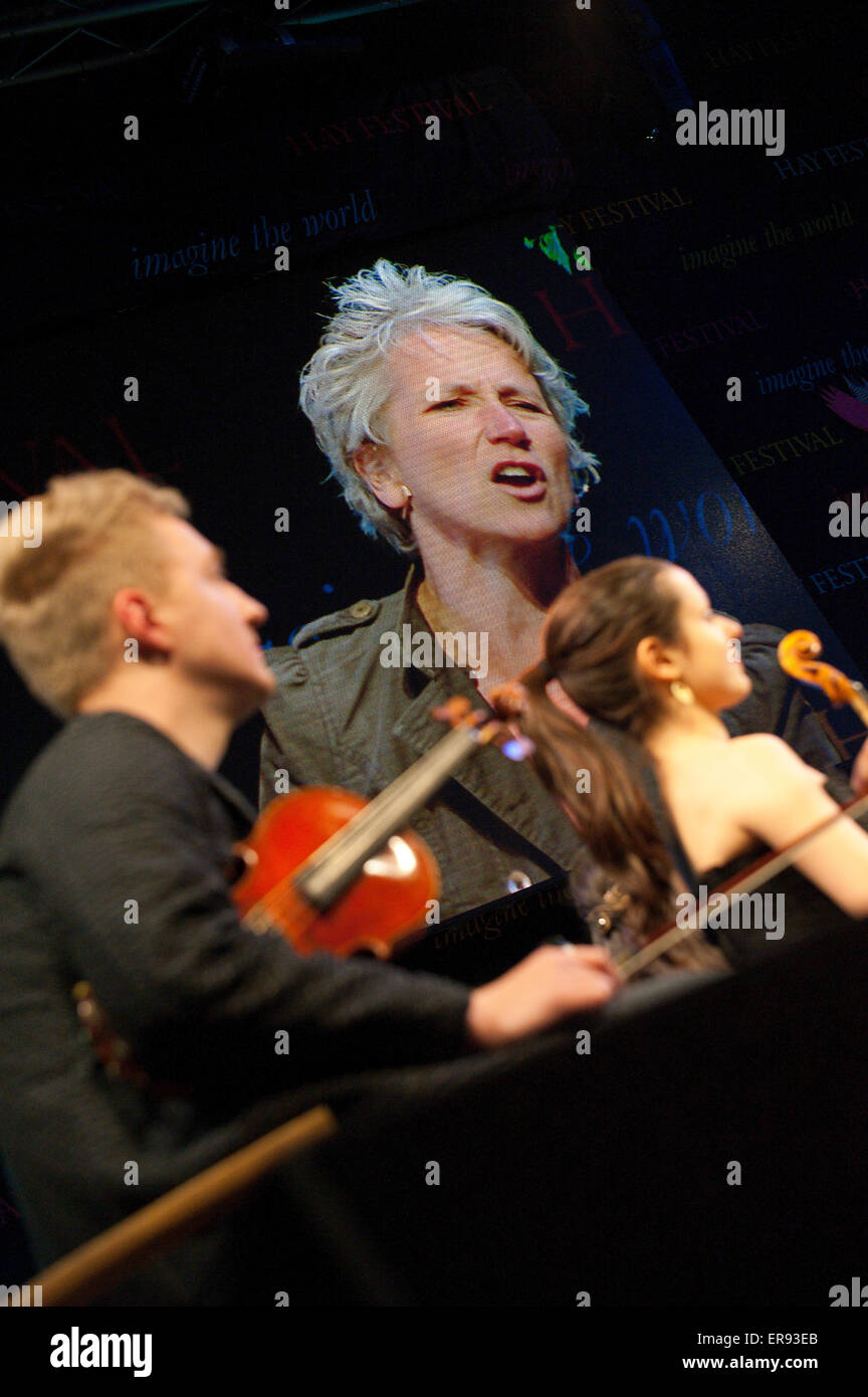 Hay-on-Wye, Powys, UK. 29th May 2015. Michael Morpurgo - The Mozart Question Concert - Author Michael Morpurgo is joined by actress Alison Reid, violinist Daniel Pioro and The Storyteller’s Ensemble (a quartet of strings). Together the interweave words and music to tell his haunting tale of survival against the odds, set against the background of the Holocaust. Adapted and directed by Simon Reade. Credit:  Graham M. Lawrence/Alamy Live News. Stock Photo