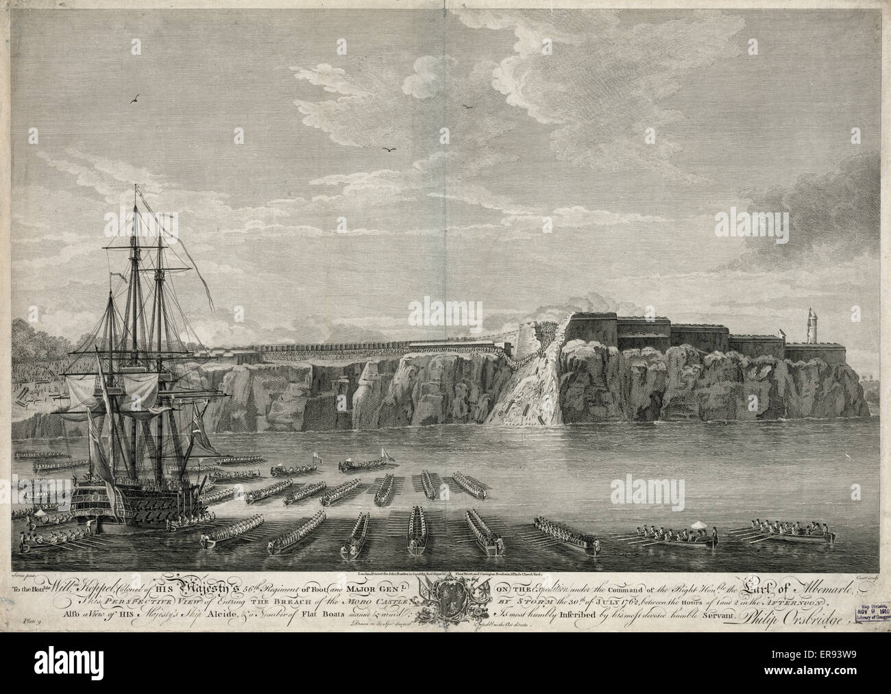 Perspective view of entring the breach of the Moro Castle, by storm the 30th of July 1762,  Print shows Morro Castle in the background with infantry passing through a breach in the walls, and in the foreground, the ship Alcide and numerous long boats with Stock Photo
