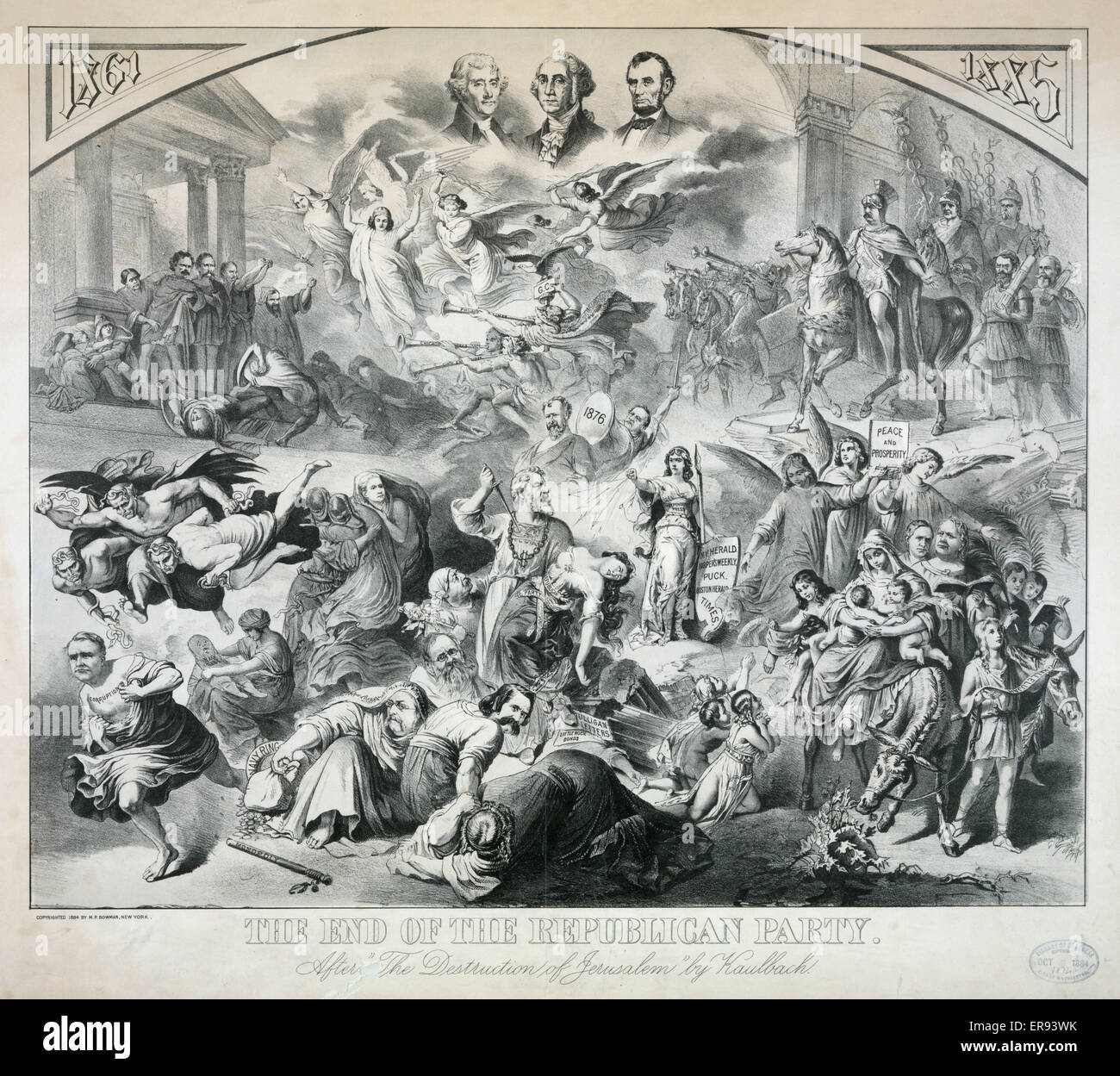 The end of the republican party After The Destruction of Jerusalem by Kaulbach. After a large painting by Wilhelm von Kaulbach showing the destruction of Jerusalem, this print shows the demise of the Republican Party with various Republicans, Mugwumps, De Stock Photo