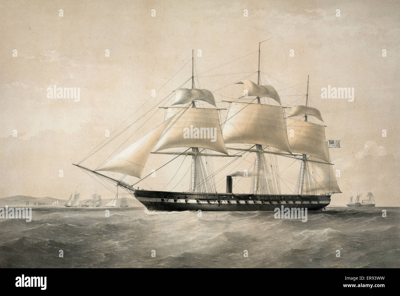 United States Auxiliary Screw steam frigate Merrimac 60 guns. Off the entrance to New York harbour. Print showing a broadside view of the port side of the steam frigate U.S.S. Merrimack undersail near the entrance to New York harbor. Includes measurements Stock Photo