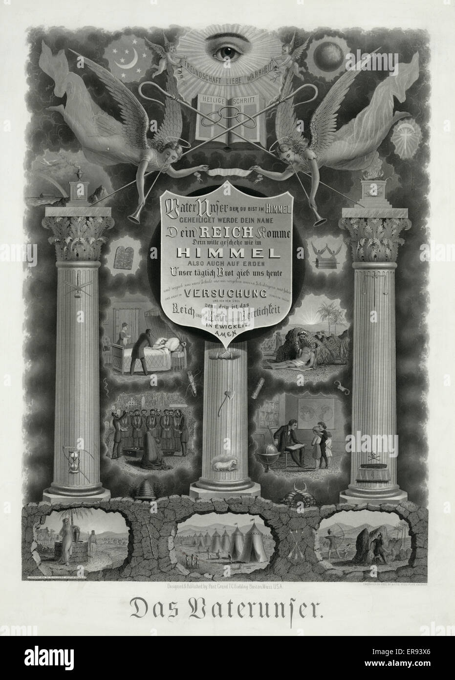Das vaternuser. Print showing the Lord's Prayer in German on a shield at center with two angels blowing trumpets above and at top an eye and two putti holding a banner Freundschaft Liebe Wahrheit. Three columns with various symbols on them and biblical sc Stock Photo