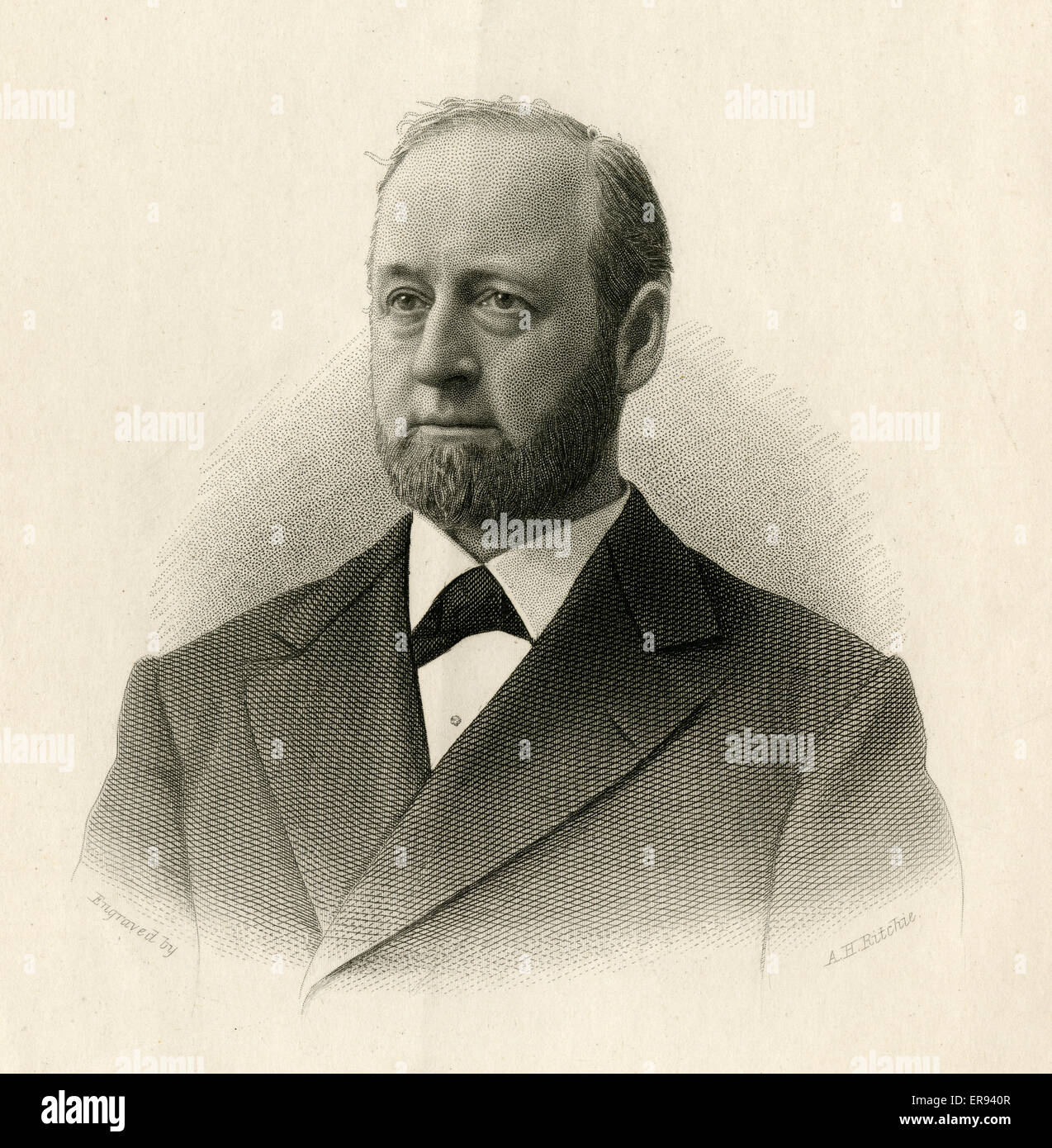 Antique 1882 engraving, Anson Stager. Anson Stager (1825-1885) was the co-founder of Western Union, the first president of Western Electric Manufacturing Company and Union Army general, where he was head of the Military Telegraph Department during the Civil War. Stock Photo