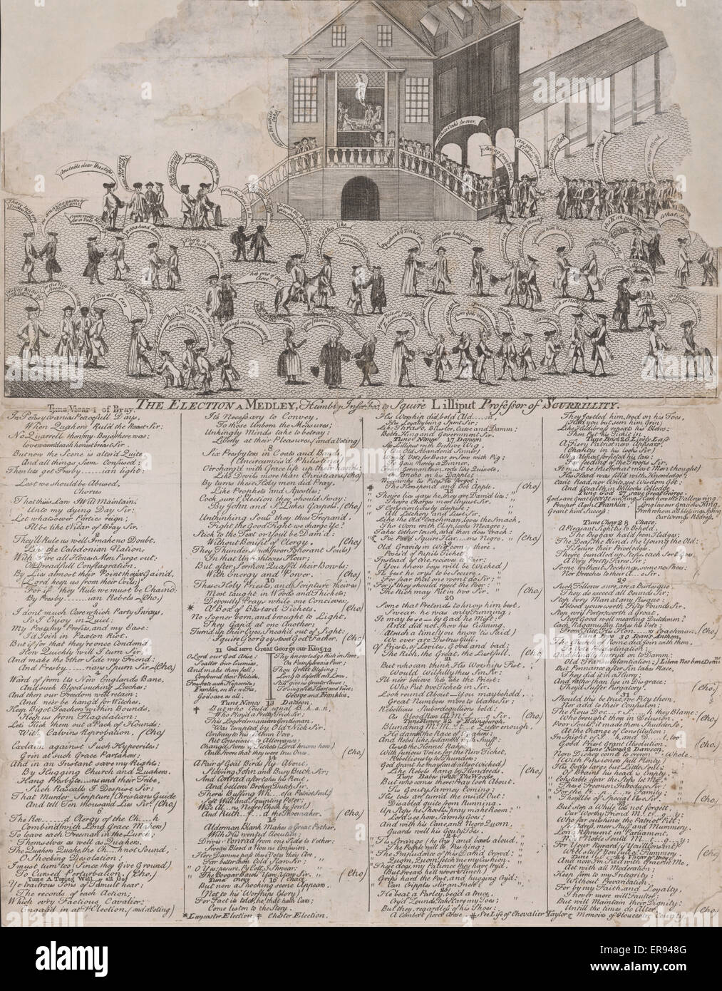 The election, a medley, humbly inscribed to Squire Lilliput, professor of scurrility. Cartoon shows the old courthouse in Philadelphia during the October 1, 1764 election where a line of men wait at the steps on the right to enter the courthouse and cast Stock Photo