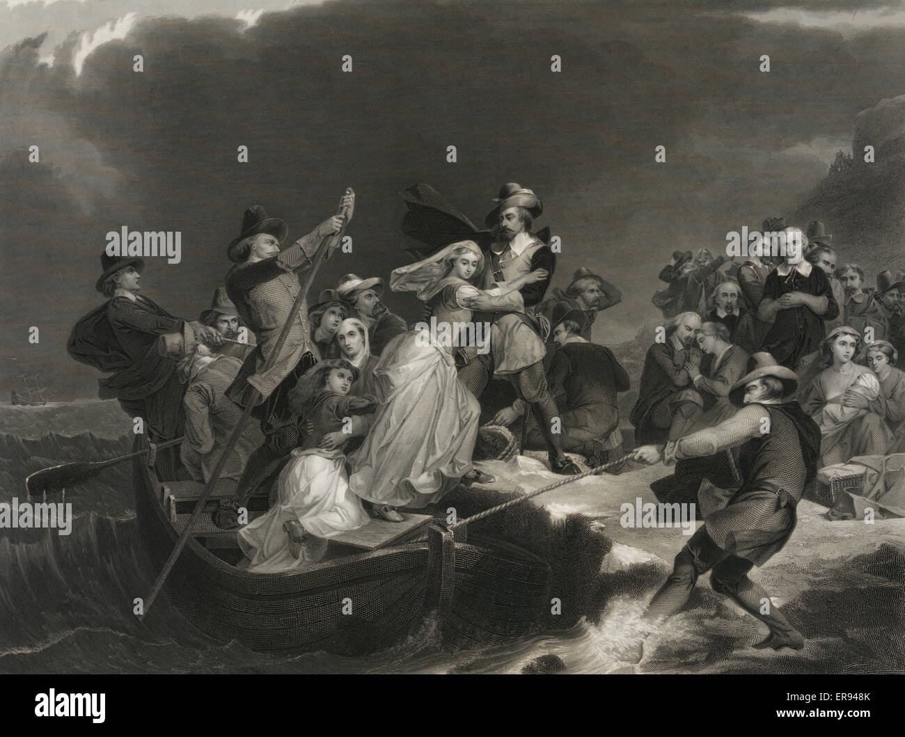 Landing of the Pilgrims on Plymouth Rock, 1620 Stock Photo