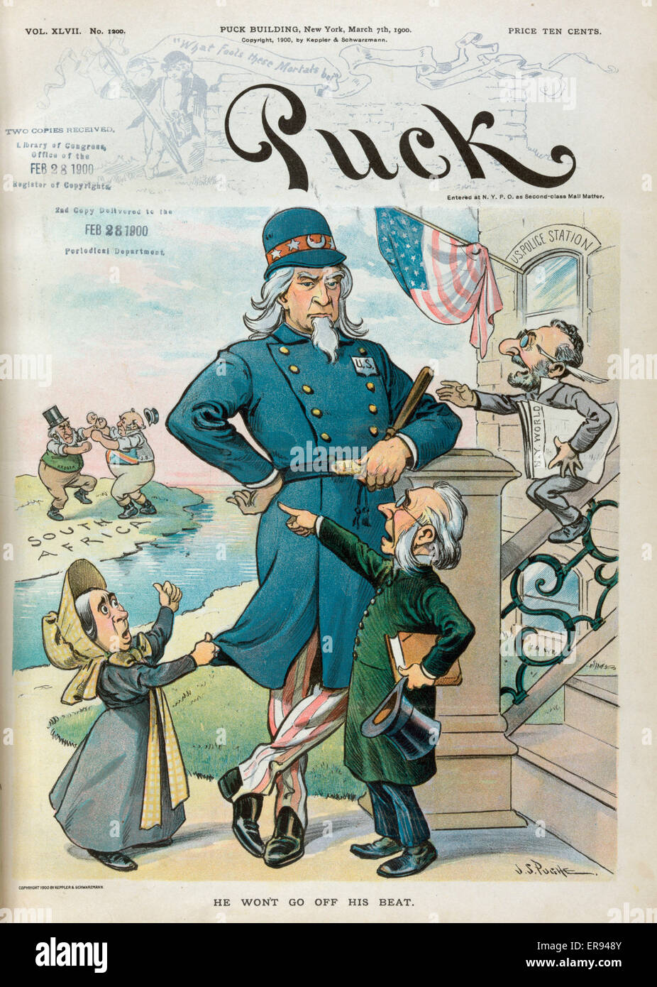 He Won T Go Off His Beat Illustration Showing Two Concerned Citizens And Joseph Pulitzer Imploring Uncle Sam Dressed As A Us Policeman To Break Up A Fight Taking Place In The Background