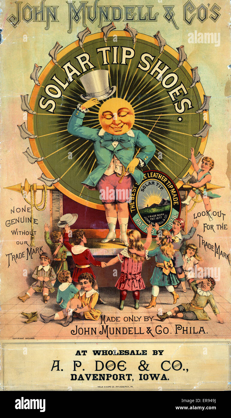 John Mundell &amp; Co's solar tip shoes Made only by John Mundell &amp; Co. Phila. Print shows man with beaming sun face tipping his hat to a group of children. Date c1889. John Mundell &amp; Co's solar tip shoes Made only by John Mundell &amp; Co. Phila. Stock Photo