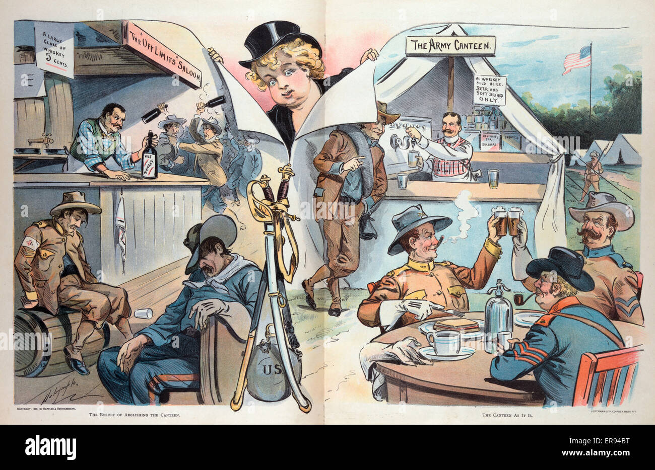 The moral of the canteen question. Illustration shows Puck, at center