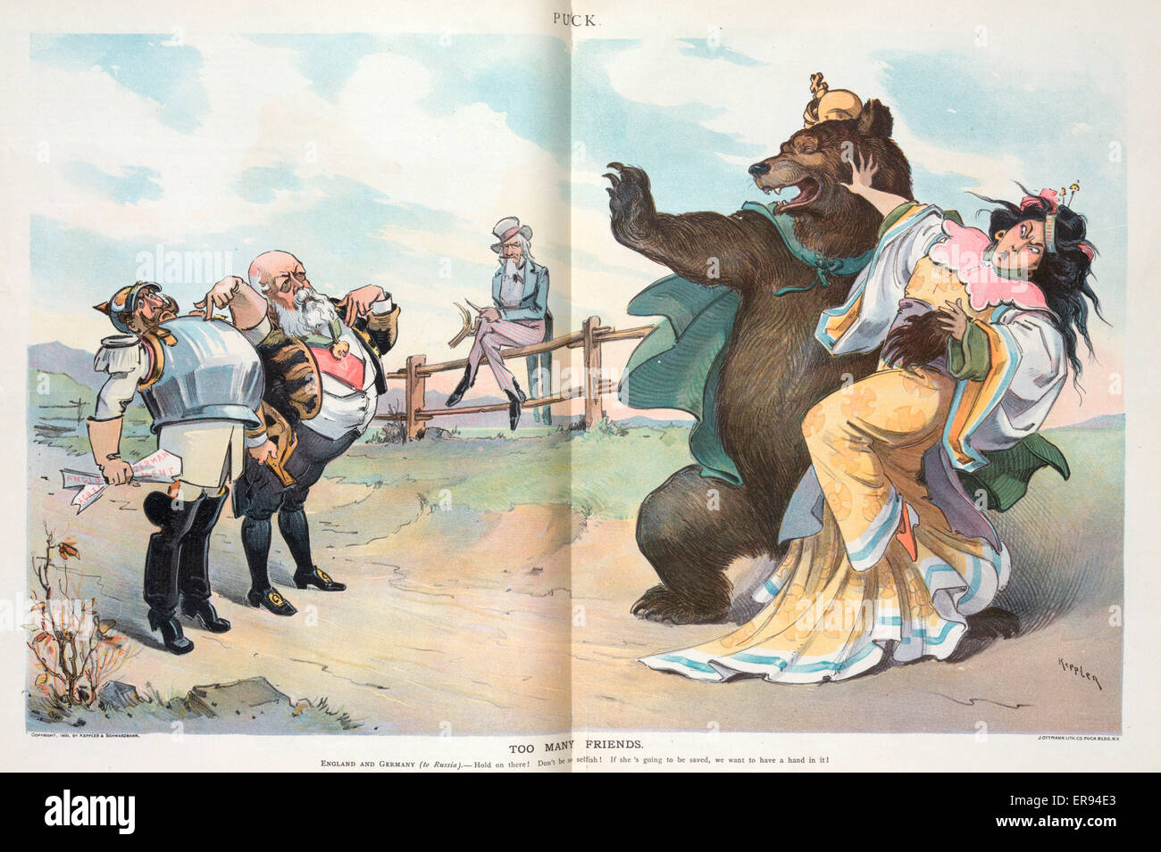 Too many friends. Illustration shows a woman representing China struggling with the Russian Bear, while the German emperor and a British diplomat implore Russia not to be so greedy and to share some of China with them. Uncle Sam sits on a fence in the bac Stock Photo