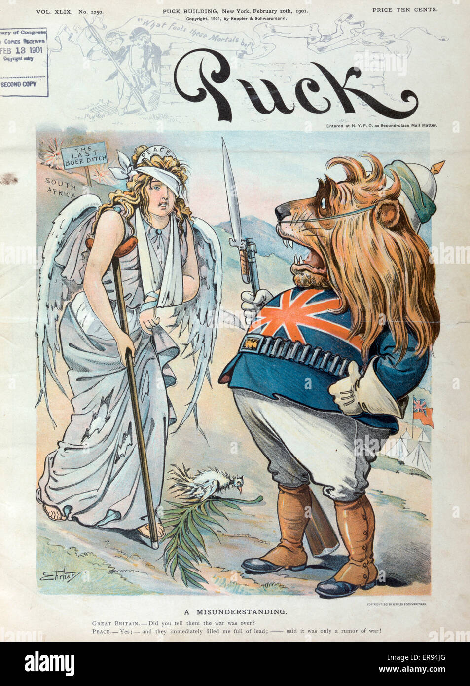 A misunderstanding. Illustration showing the British Lion, wearing a military uniform, aghast by the tattered look of a female figure labeled Peace, her clothing torn, head and left arm bandaged, and walking with a crutch, the dove at her feet looks pluck Stock Photo