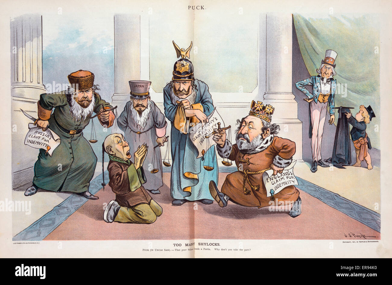 Too many Shylocks. Illustration shows the emperors of Russia, Japan, and Germany, and the king of Great Britain, each holding a balance scale and all but Japan holding a paper that states their country's claim for indemnity and confronting a kneeling, sho Stock Photo