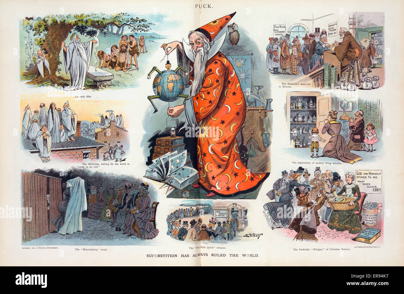 Superstition has always ruled the world. Illustration shows a central figure of a wizard holding the strings to a wooden jumping toy shaped like a globe with a head, arms and legs; he is surrounded by vignettes with captions: An early fake, The Millerites Stock Photo