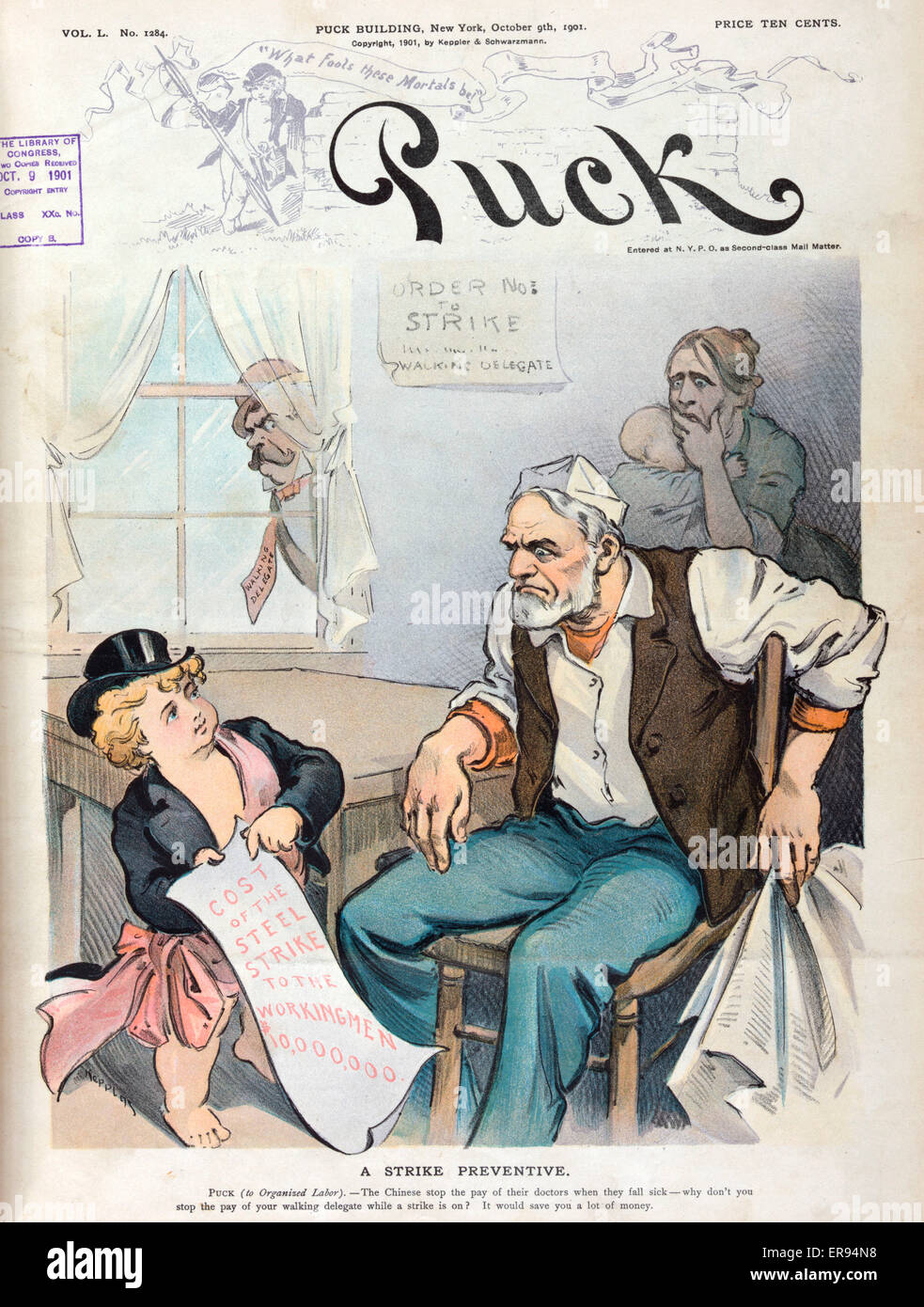 A strike preventive. Illustration shows Puck talking to a laborer who is sitting at home, on strike; Puck shows him a paper that states: Cost of the steel strike to the workingman $10,000,000, standing behind the man is a woman holding a baby; she is horr Stock Photo