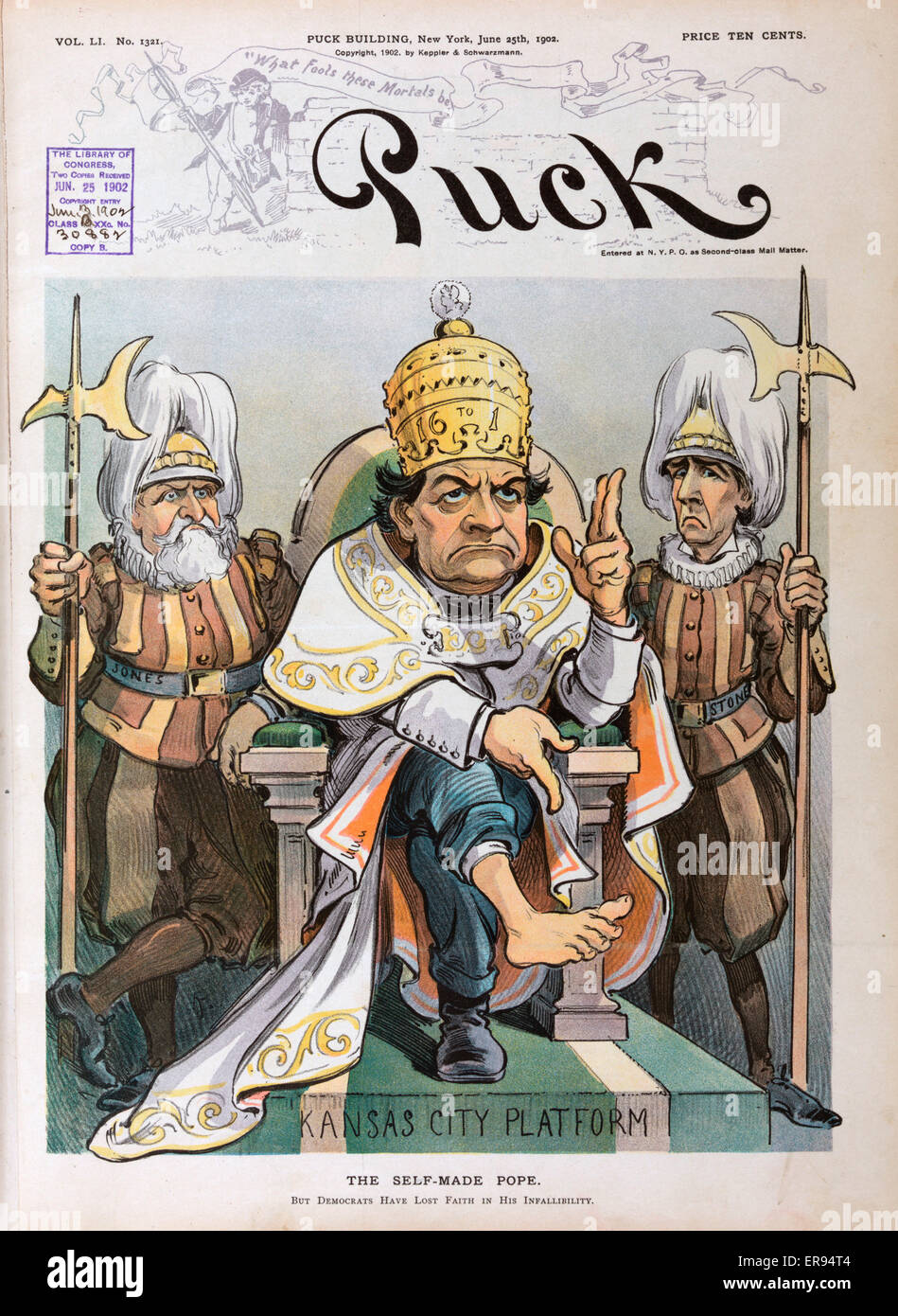 The self-made pope. Illustration shows William Jennings Bryan as a pope, wearing robes and a tiara labeled 16 to 1 and sitting on a throne on a low pedestal labeled Kansas City Platform, with two Swiss guards, one on the left is labeled Jones and the othe Stock Photo