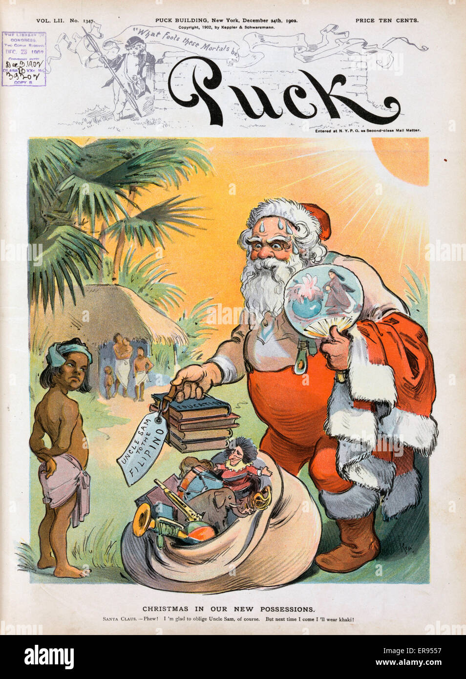 Christmas in our new possessions. Illustration shows Santa Claus, with coat over left arm and holding a fan, perspiring, offering a bundle of books Education labeled Uncle Sam to the Filipino to a young Filipino boy, who, with hands behind his back, dubio Stock Photo
