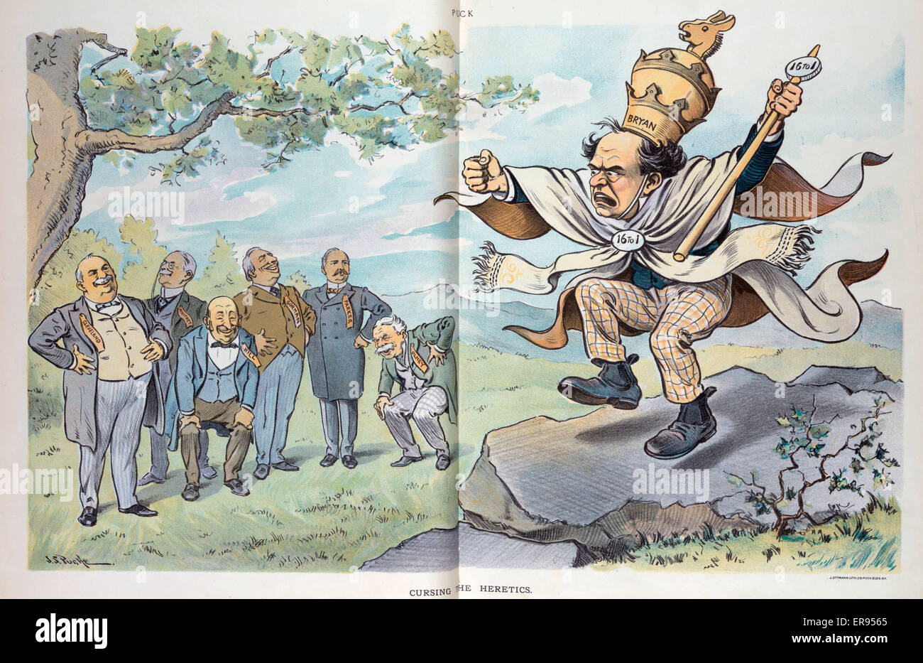 Cursing the heretics. Illustration shows William Jennings Bryan, wearing the pope's tiara and holding a sceptor labeled 16 to 1, jumping up and down, and stamping his feet in anger, as six men labeled Cleveland, Whitney, Hill, Gorman, Parker, and Olney st Stock Photo